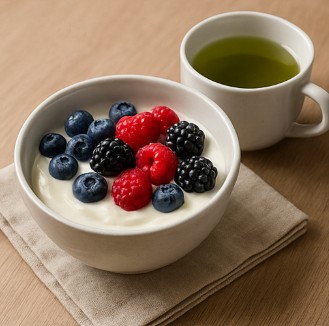 그릭요거트 위에 블루베리·라즈베리·블랙베리와 옆의 녹차 한 잔