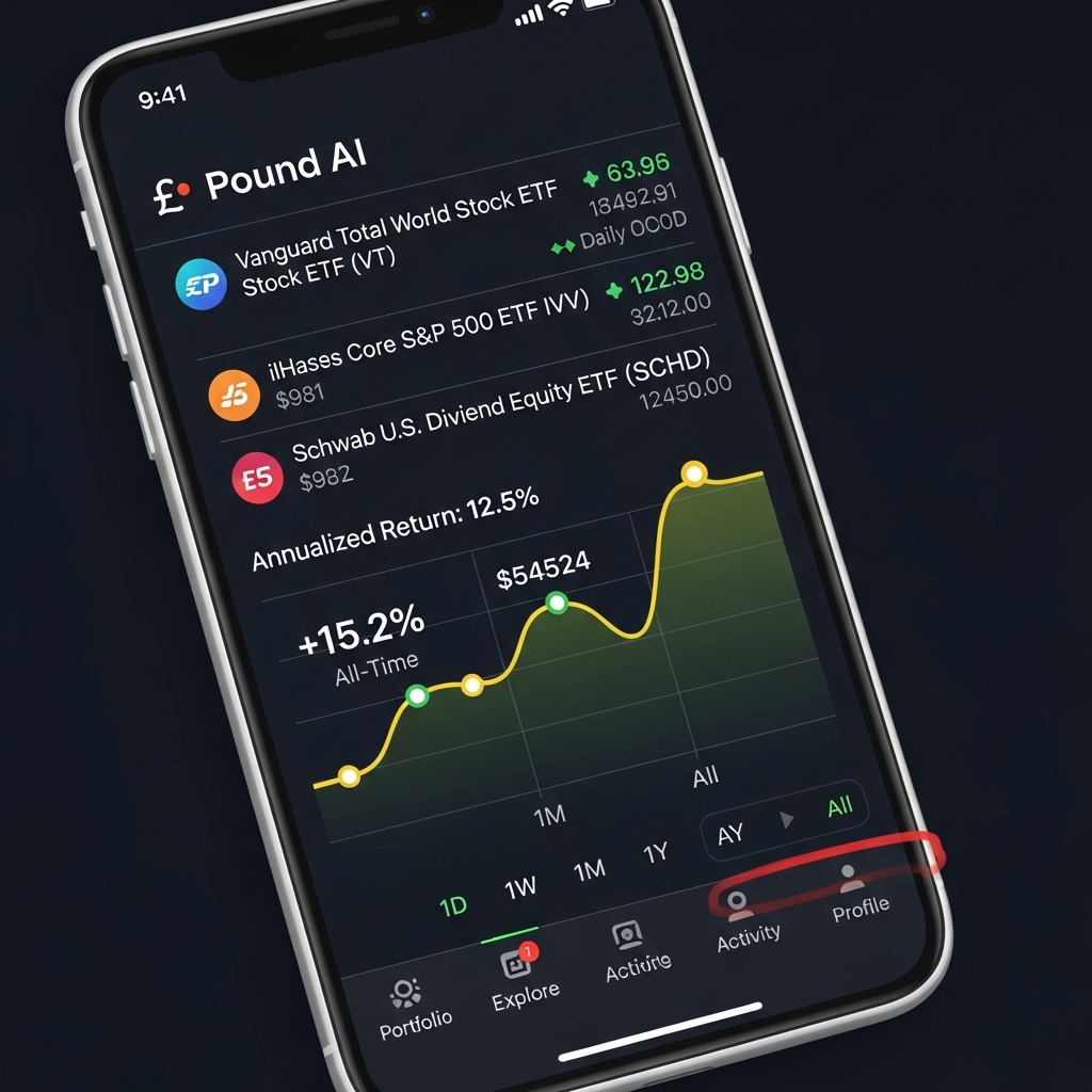 파운트 AI 투자 앱 화면. 글로벌 ETF 포트폴리오와 상승하는 수익률 그래프를 보여주는 깔끔한 모바일 인터페이스.3