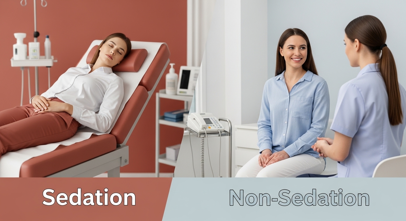 수면 내시경과 비수면 내시경의 차이를 시각적으로 비교하는 이미지.