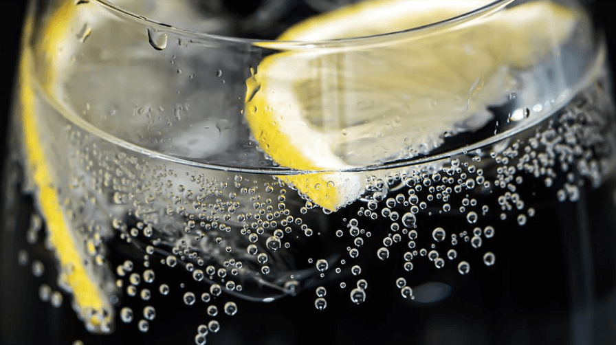 얇게 잘려진 레몬 2개가 물 컵에 담겨 있다