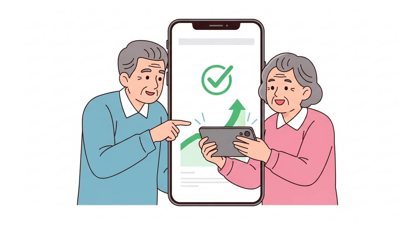 기초연금 예상 수령액을 스마트폰 화면에서 확인하며 만족해하는 노부부 2