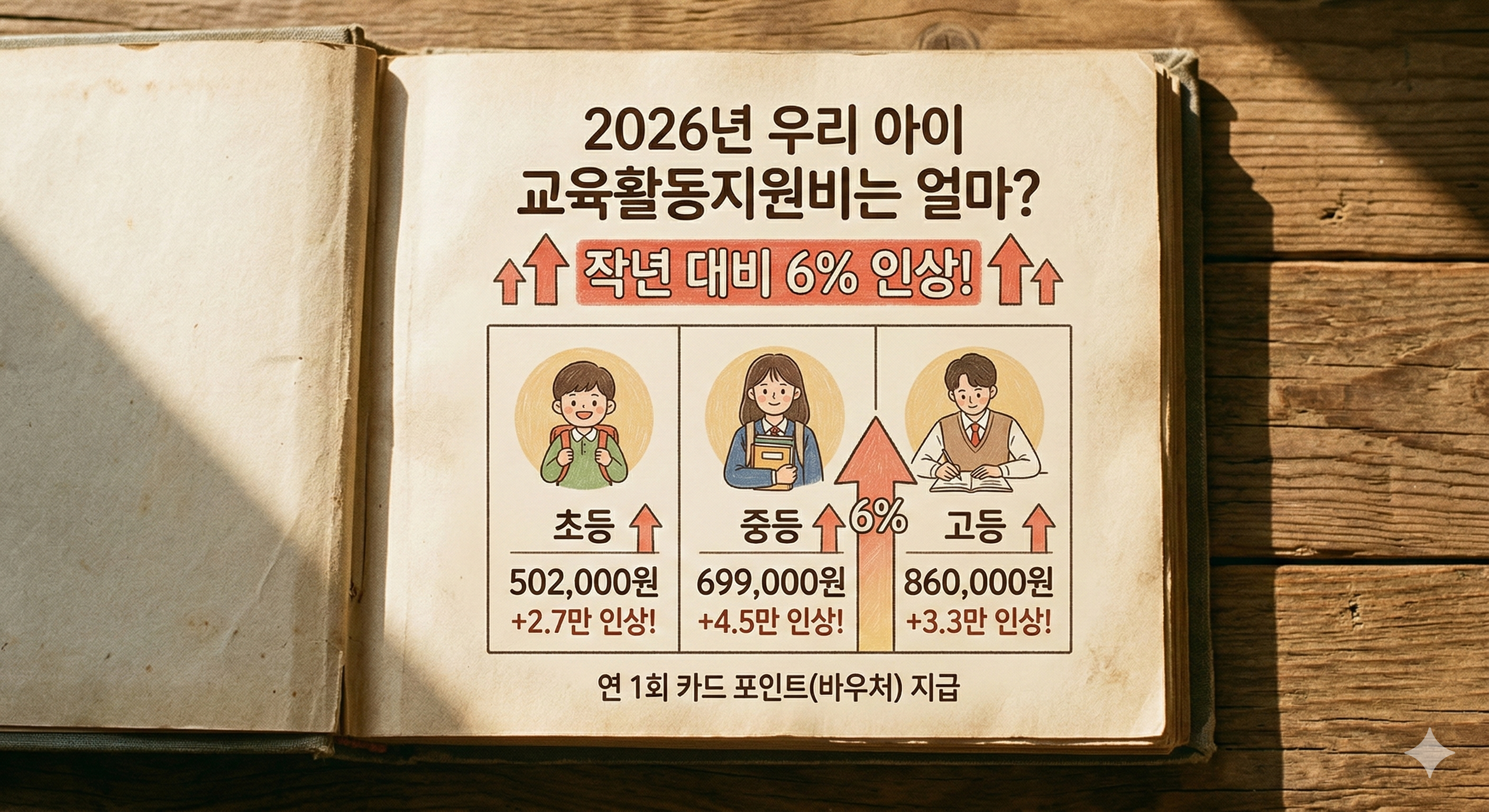 초등학생, 중학생, 고등학생별 2026 교육급여 지원 금액 및 작년 대비 인상 금액 비교 인포그래픽