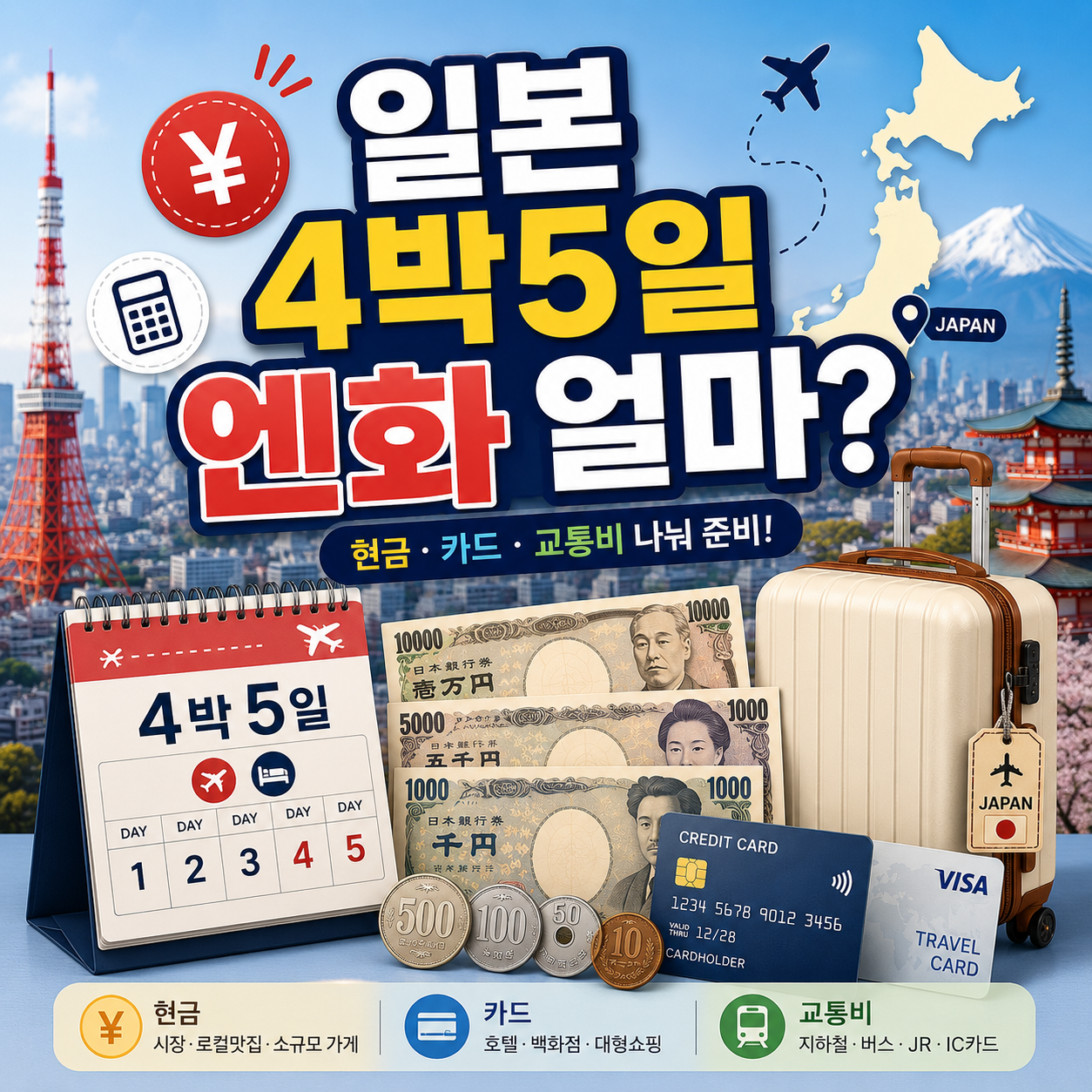 일본 4박5일 여행에서 필요한 엔화 현금과 카드 환전 금액을 보여주는 이미지