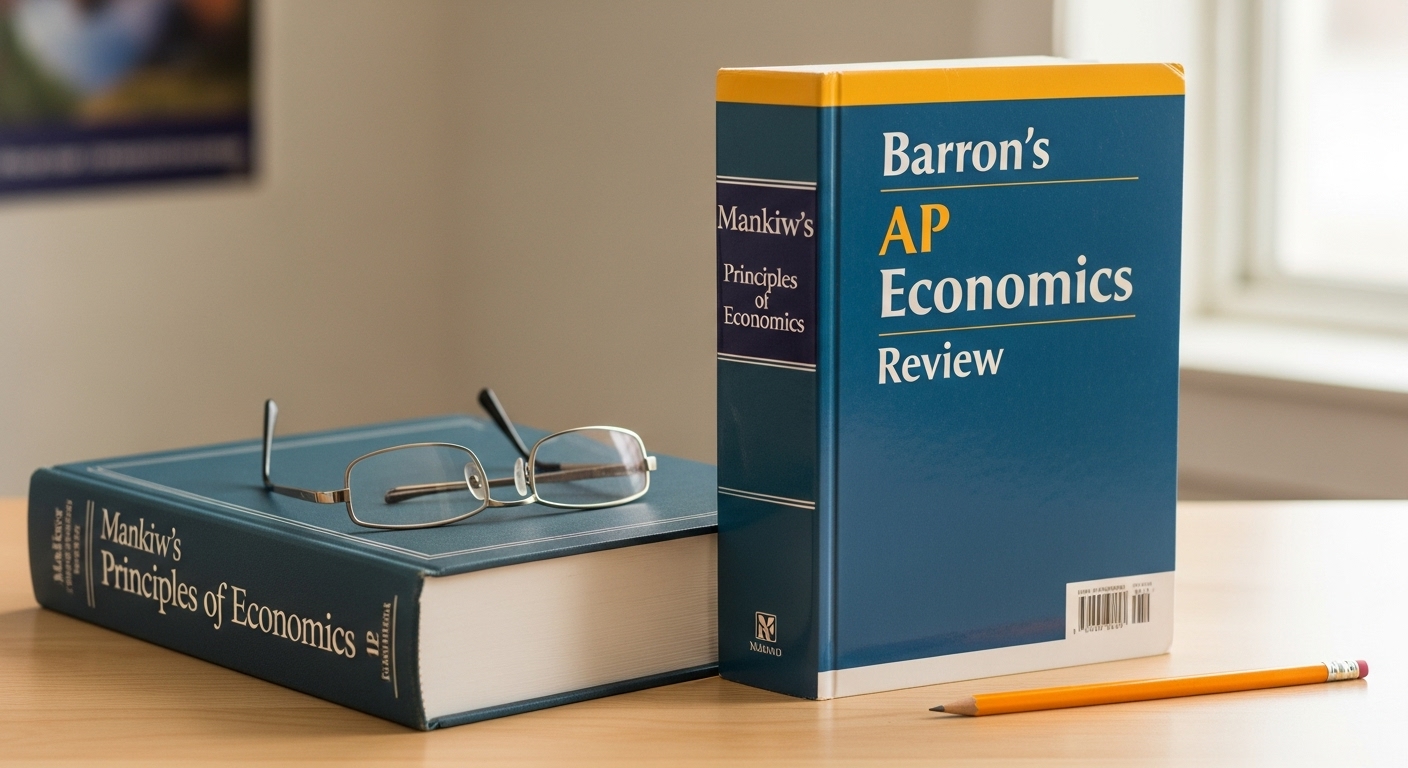 책상에는 두 종류의 책이 나란히 놓여 있습니다. 하나는 두꺼운 **'맨큐의 경제학(Principles of Economics)'** 교과서로, '깊이 있는 개념 이해'를 상징합니다. 다른 하나는 상대적으로 얇은 **'Barron's AP Economics'**와 같은 리뷰북으로, '시험에 최적화된 실전 훈련'을 나타냅니다.