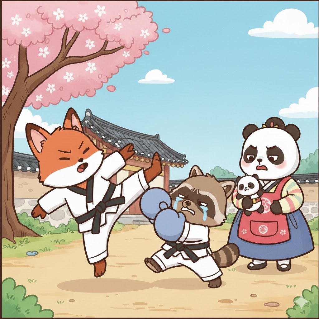 한옥 마당을 배경으로 태권도복을 입은 여우와 너구리 캐릭터가 있는 2D 만화풍 일러스트. 여우는 자신만만한 표정으로 발차기를 하며 으스대고 있고, 맞은편의 너구리는 겁에 질려 울먹이며 방어 자세를 취하고 있다. 옆에서는 한복을 입은 엄마 판다 캐릭터가 엄격한 표정으로 이 모습을 지켜보고 있다.