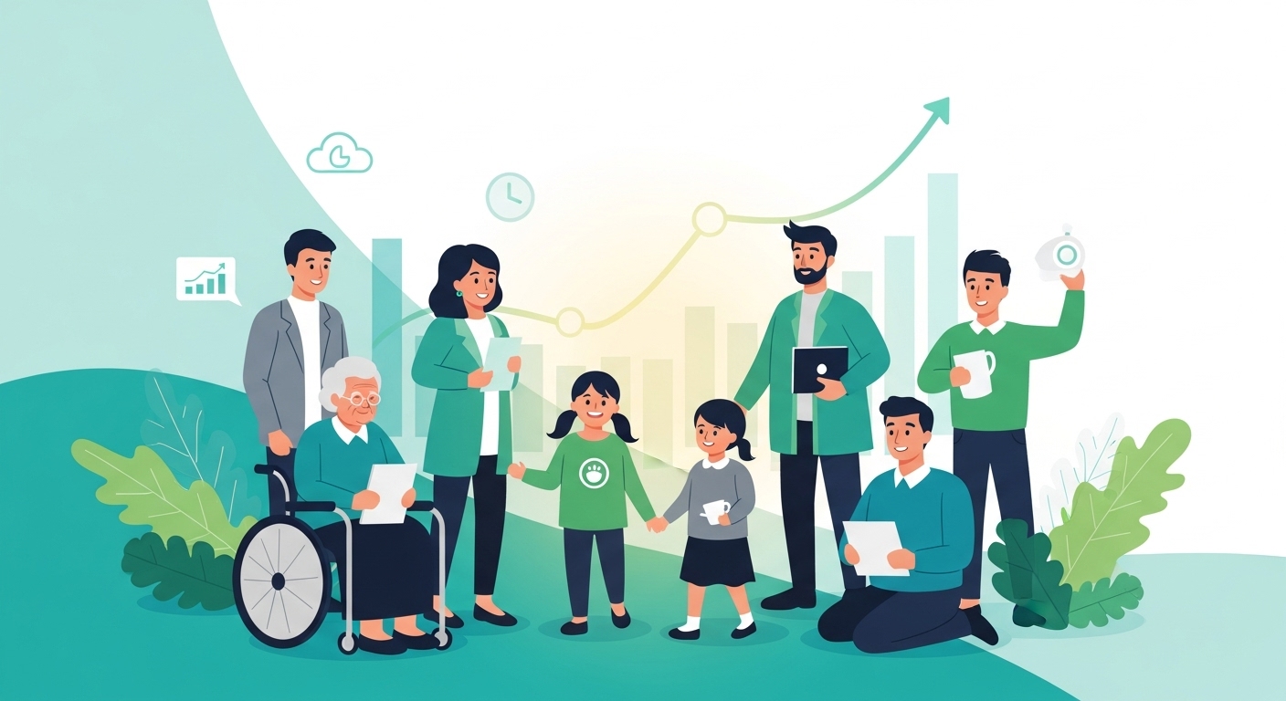 2026년 새해, 새로운 복지 혜택으로 희망찬 미래를 맞이하는 다양한 계층의 사람들.