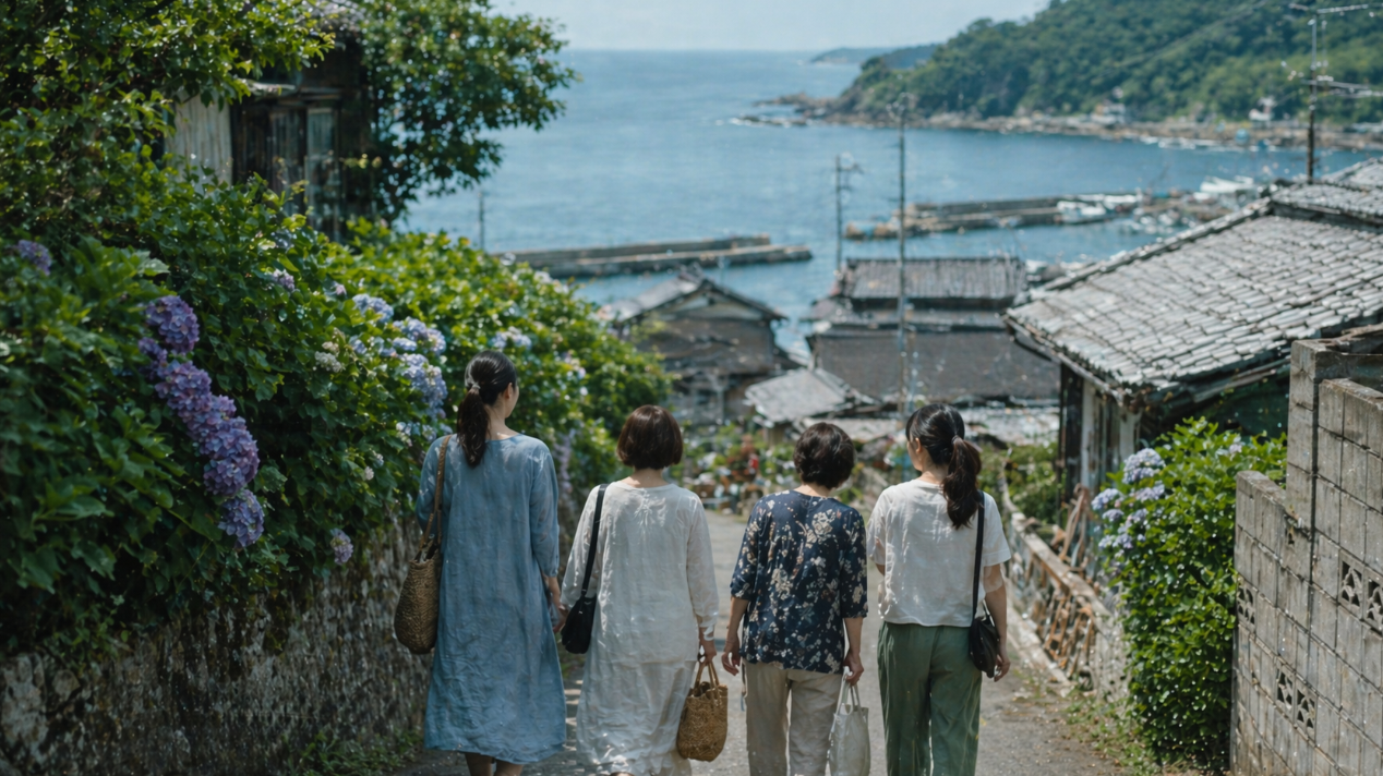 수국이 핀 골목길을 따라 네 여성이 함께 걷는 잔잔한 바닷마을 풍경