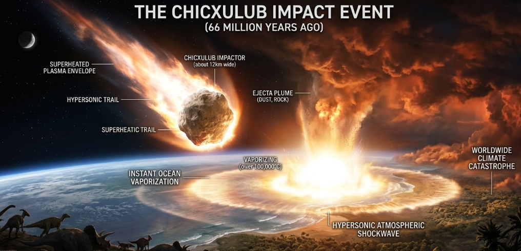6600만 년 전 칙술루브 소행성 충돌 순간 &mdash; 거대한 화염과 충격파가 지구 표면을 강타하는 극적인 우주 시각화 일러스트