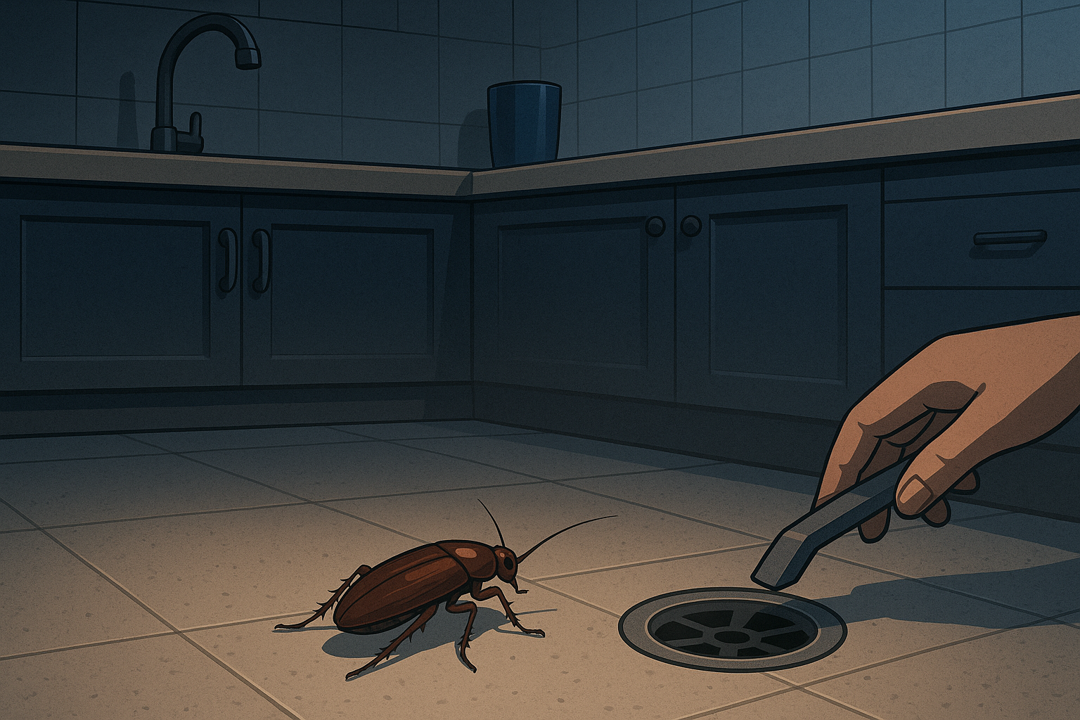 어두운 밤 주방에서 하수구 근처로 기어오는 바퀴벌레와 트랩을 설치하는 손의 모습