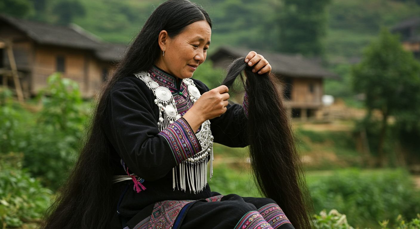 중국 광시 지역의 전통 야오족 여성이 붉은 전통 의상을 입고 긴 머리카락을 정성스럽게 빗고 있는 모습이다. 그녀의 머리는 검고 윤기가 흐르며, 자연 속 마을 배경이 조화를 이루고 있다.