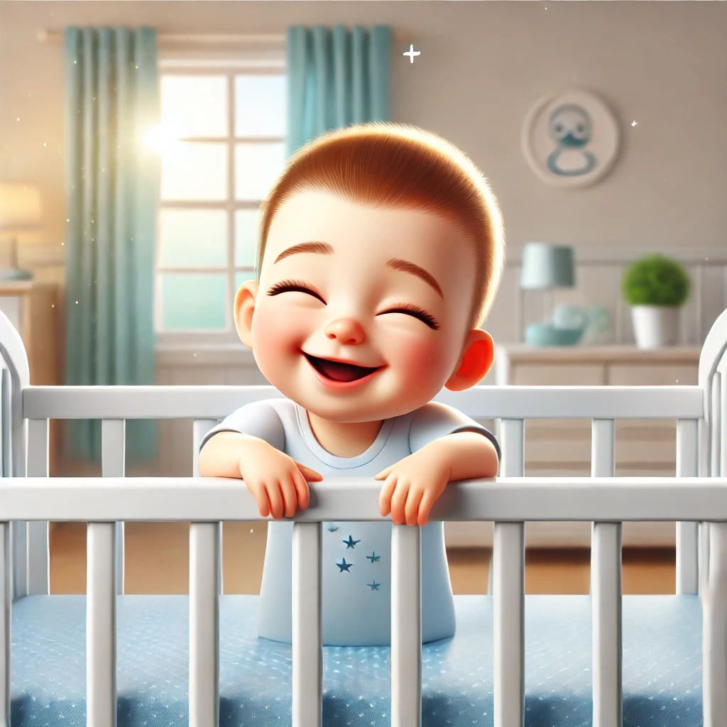 수면 교육 후 충분한 숙면을 취한 행복한 아기