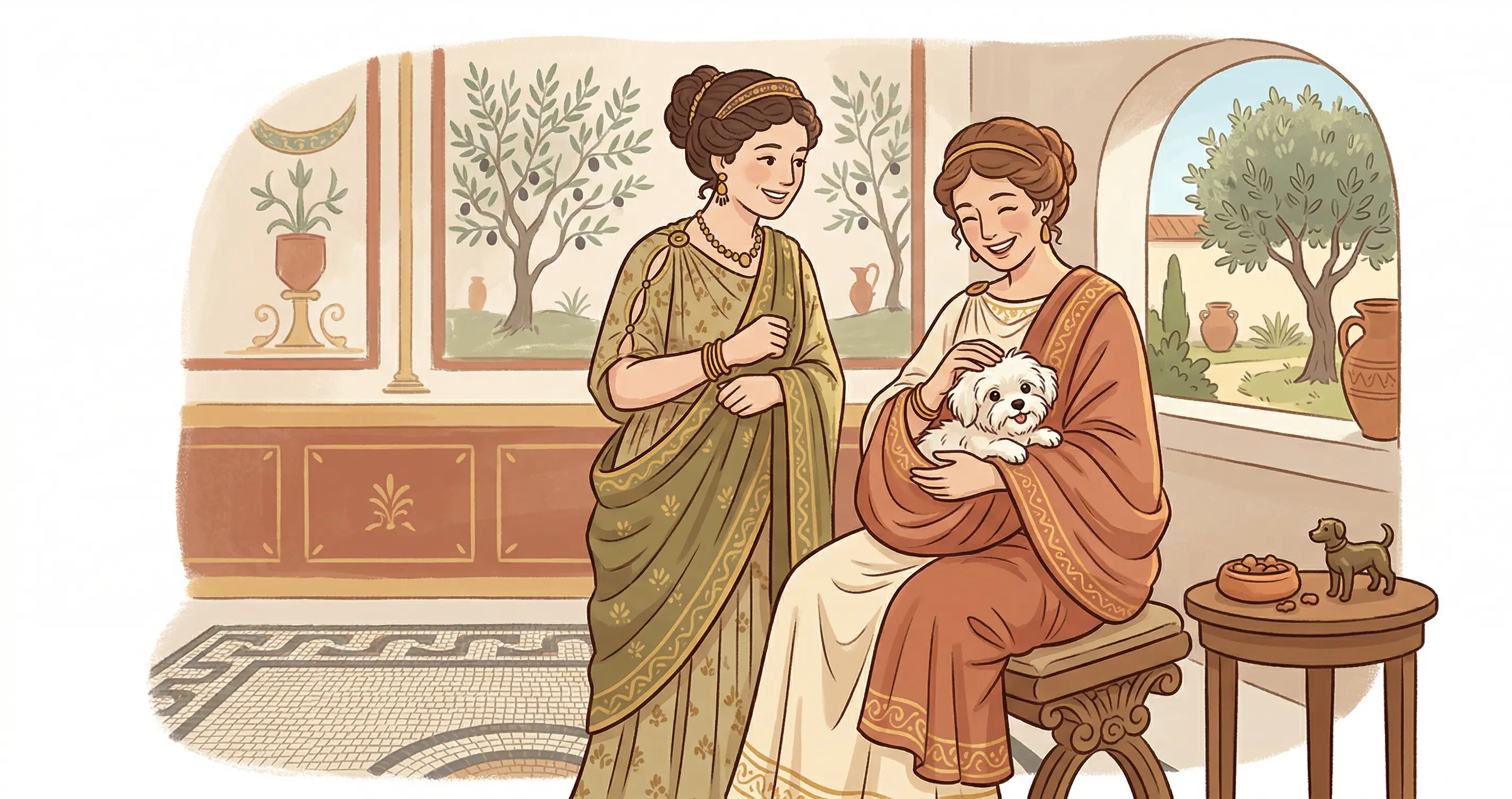 로마 숙녀의 소매 속에 안겨 있는 고대의 몰티즈 삽화