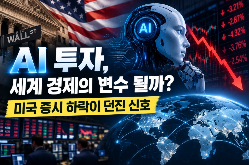 AI 투자와 세계 경제의 관계를 표현한 이미지. 미국 증시의 하락 그래프와 월스트리트, 인공지능 로봇, 글로벌 금융시장을 통해 AI 투자 확대가 주식시장과 세계 경제에 미칠 영향을 나타냄.