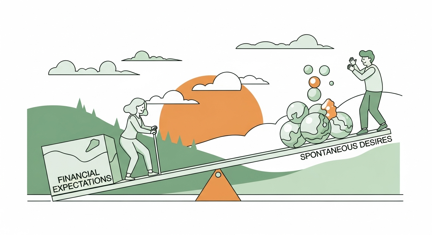 서로 다른 데이트 비용 가치관을 균형 잡으려는 커플의 모습을 표현한 시소 일러스트.