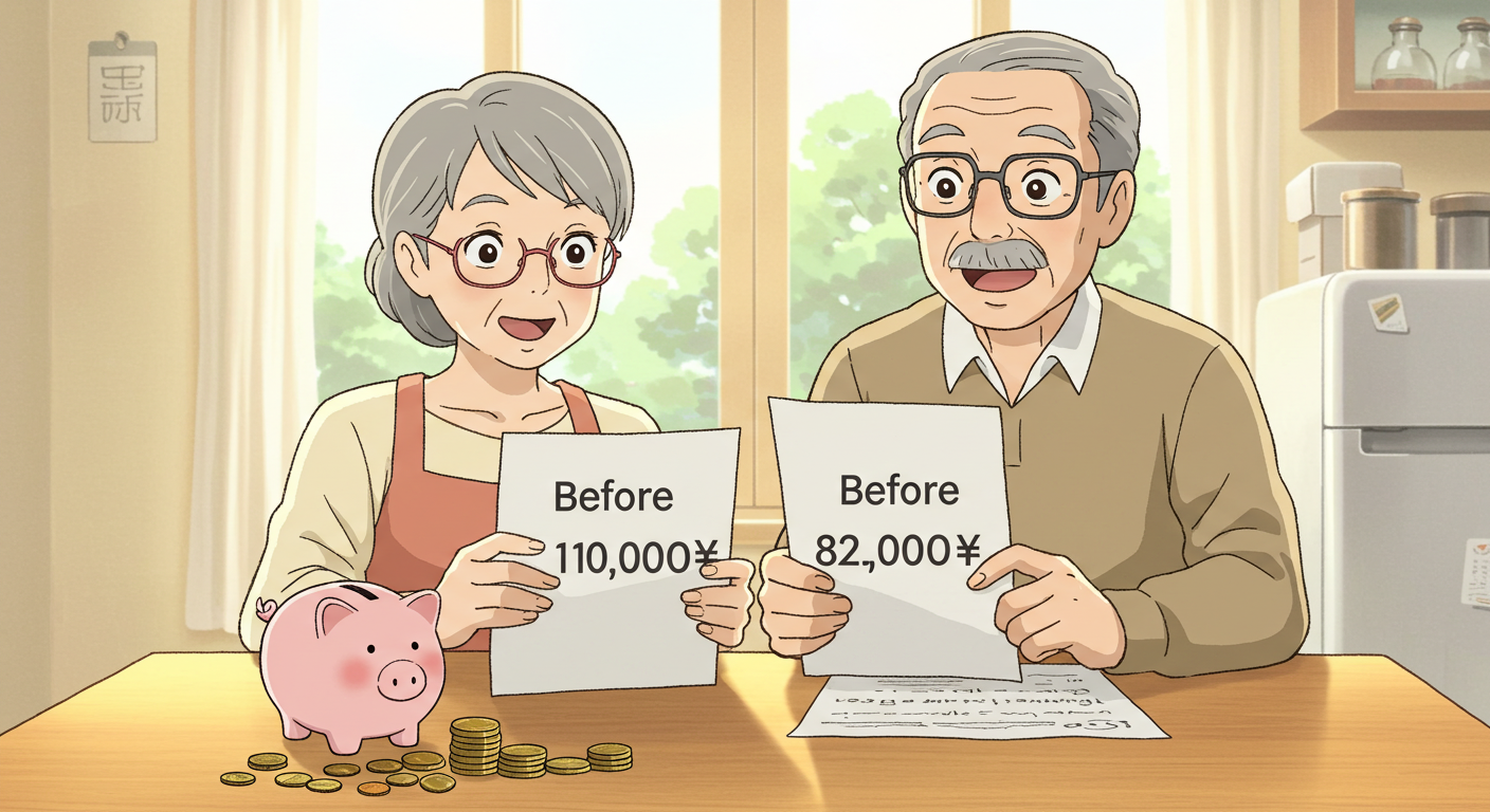 시니어 암보험 절감 전후를 비교하는 노부부 일러스트