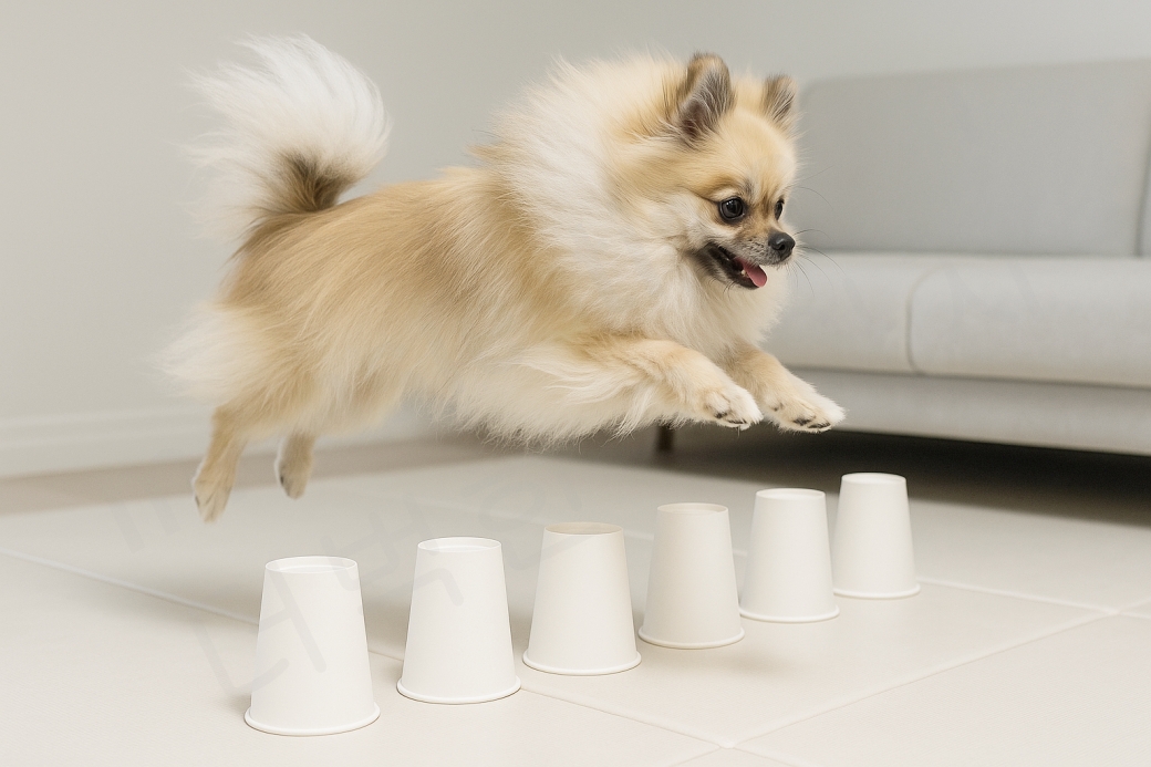 종이컵을 뛰어넘는 강아지