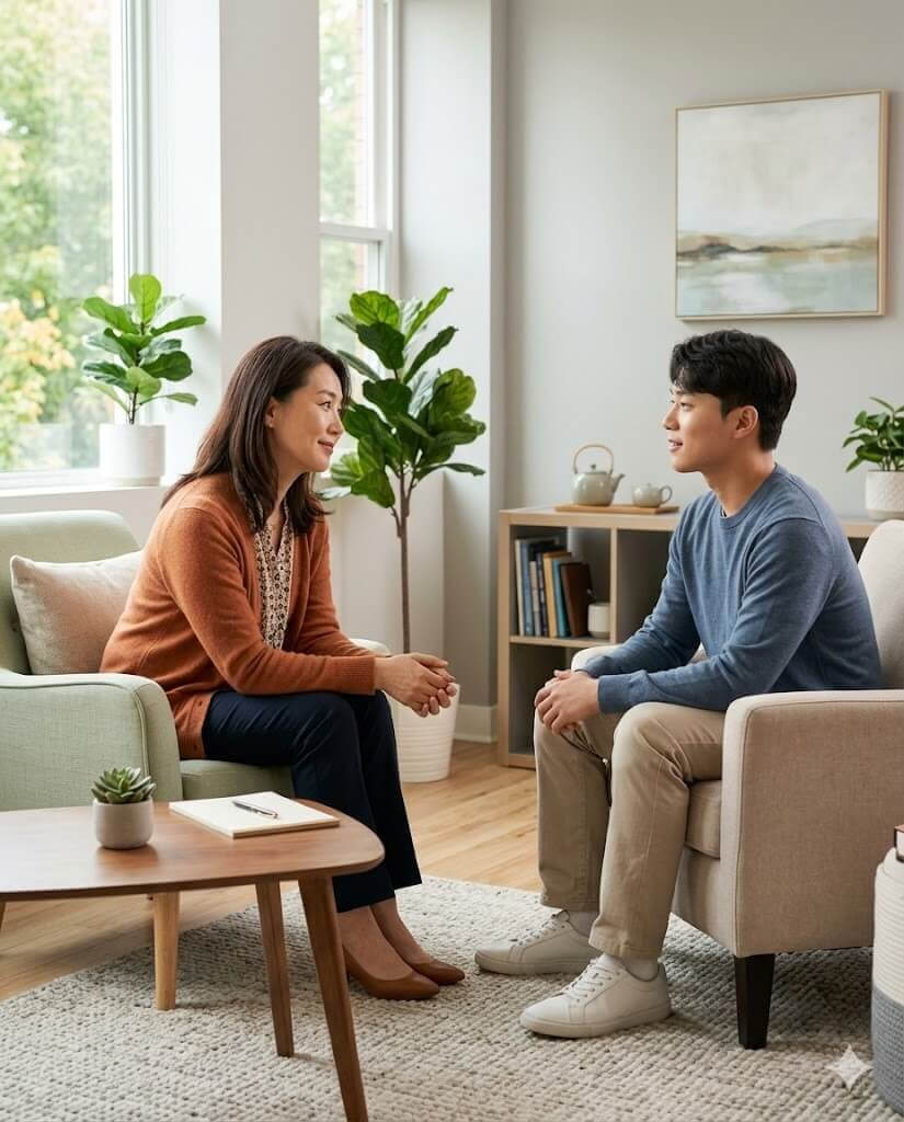 정신건강의학과에서 의사와 상담중인 환자의 모습