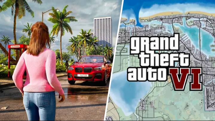 GTA6-주인공-캐릭터가-빨간-BMW-차량-앞에-서있는-모습이며-주변에-야자수-나무가-많이-보이고-있는-사진