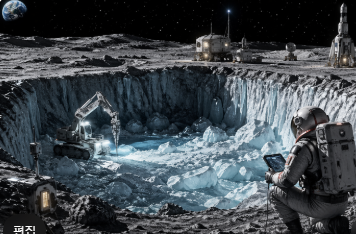 달의 극지방 크레이터에서 얼음 자원을 탐사하는 장면