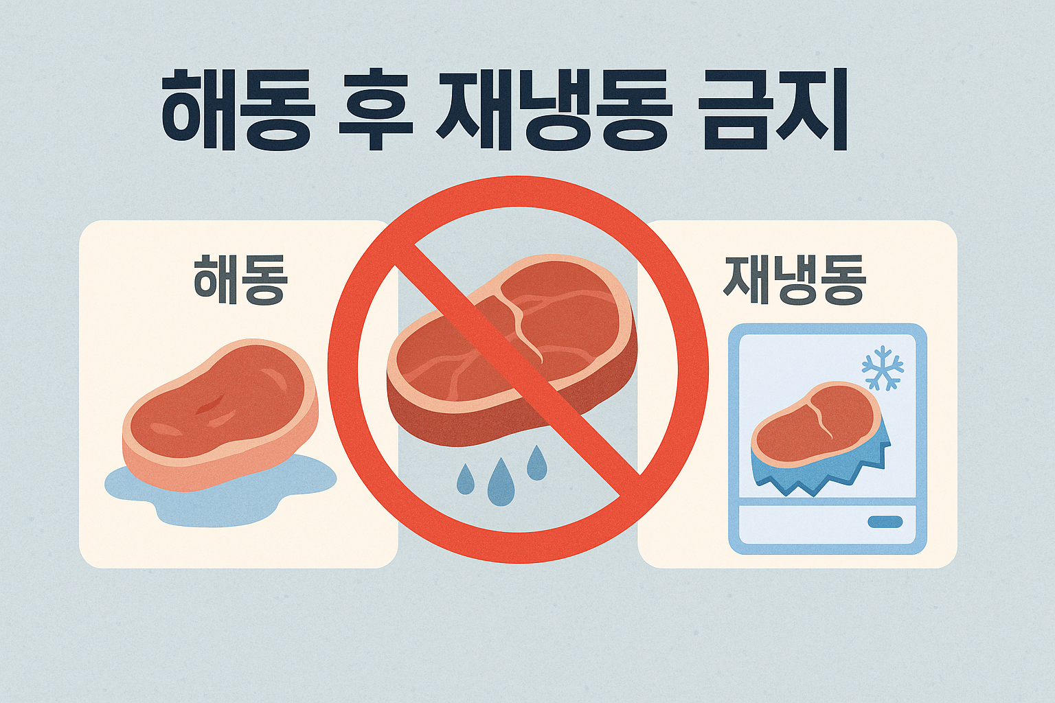 해동된 고기를 다시 얼리는 것을 금지하는 인포그래픽 이미지, 중앙에 금지 표시 포함
