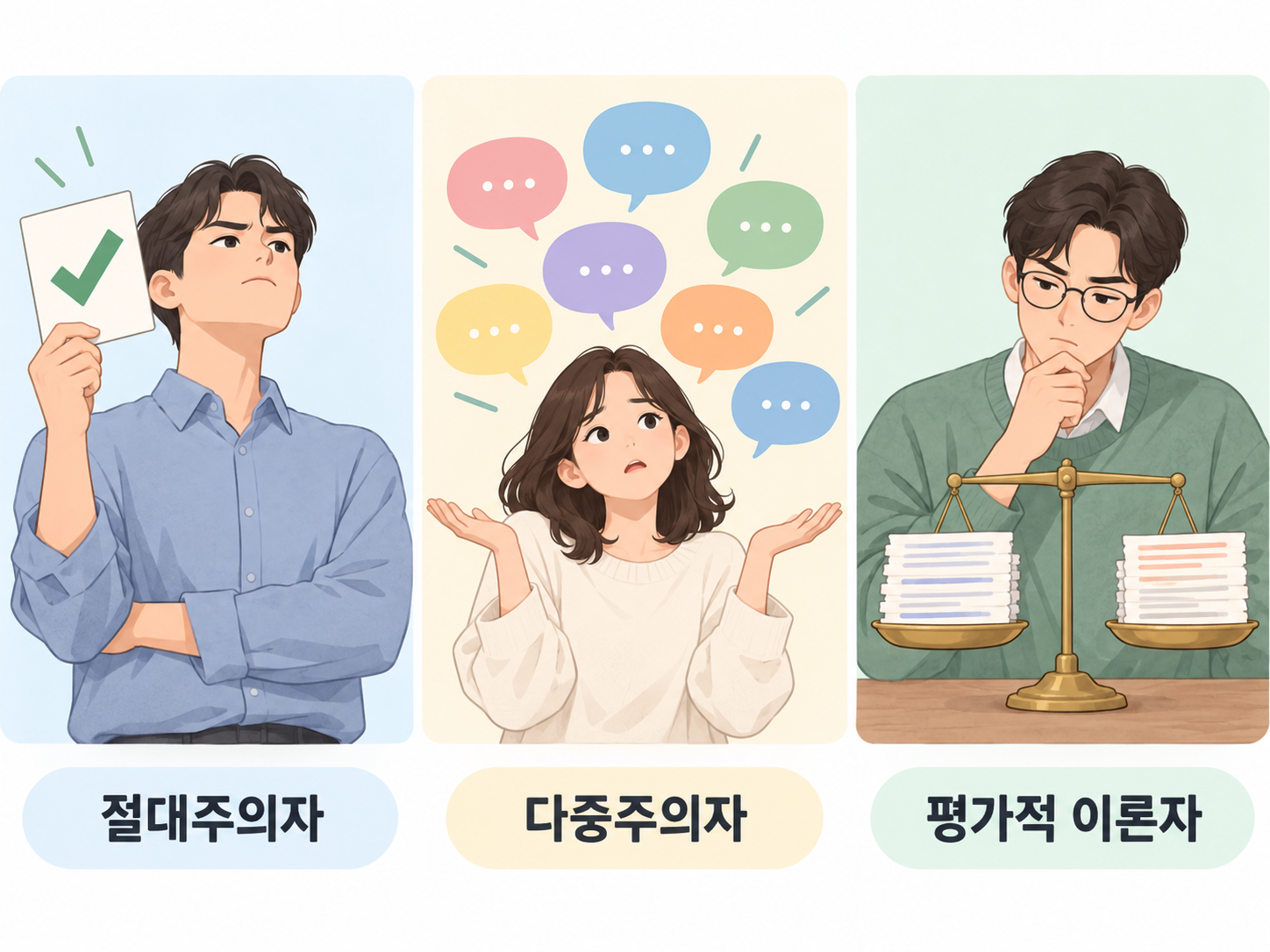 정답 카드 하나만 쥔 사람, 똑같은 말풍선들 사이에서 어깨를 으쓱하는 사람, 증거를 저울에 다는 사람을 나란히 그린 그림