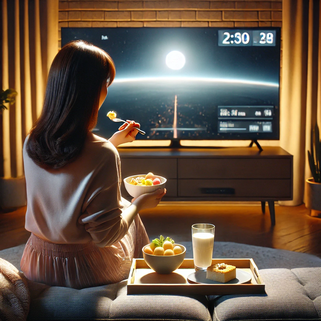 늦은 밤, TV 앞에서 간단한 야식을 먹고 있는 사람의 모습