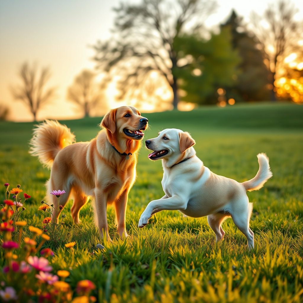 리트리버 계열의 개 암수 1쌍이 꽃이 피어있는 잔디밭 위에서 사랑을 나누고 있음
