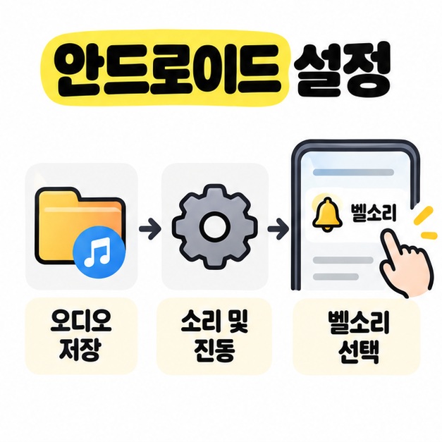 안드로이드에서 오디오 파일을 저장한 뒤 소리 및 진동 메뉴에서 벨소리로 지정하는 과정을 보여주는 카드