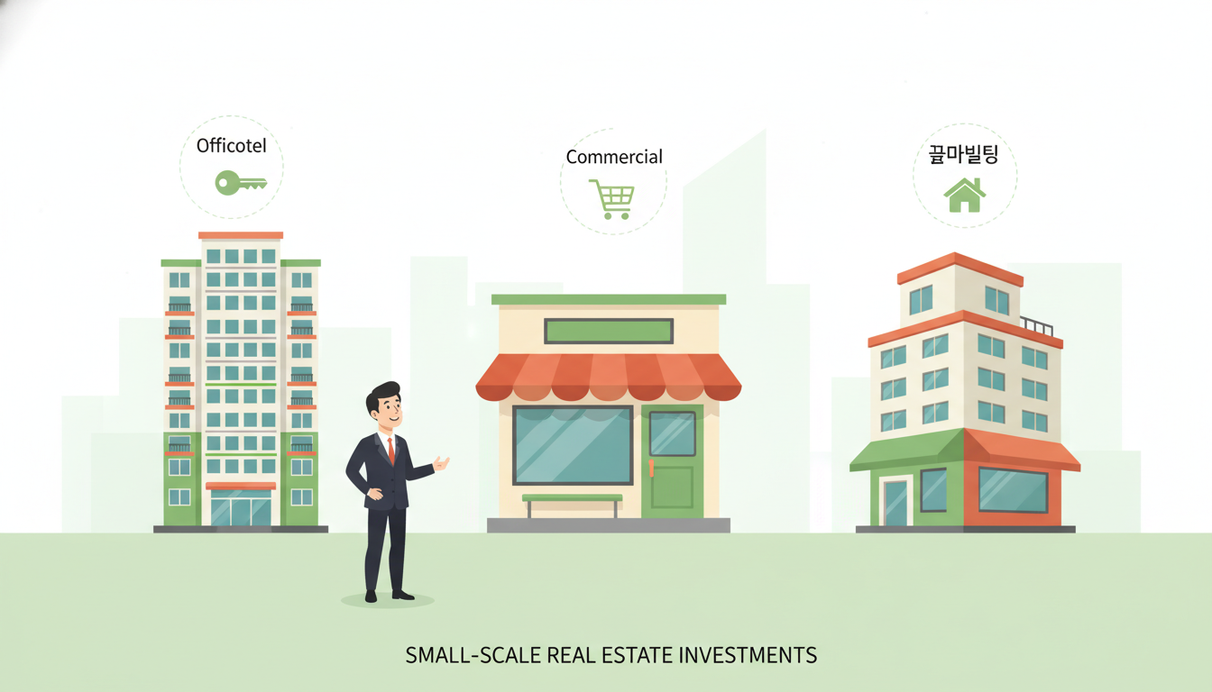 오피스텔, 상가, 꼬마빌딩 등 직장인 소액 부동산 투자 유형을 보여주는 그림.