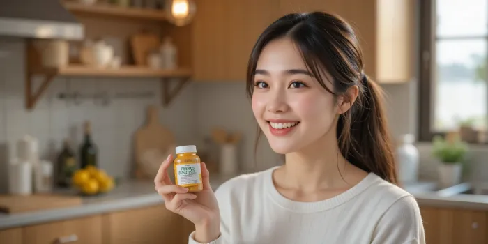 면역력 영양제를 손에 들고 미소 짓는 모습