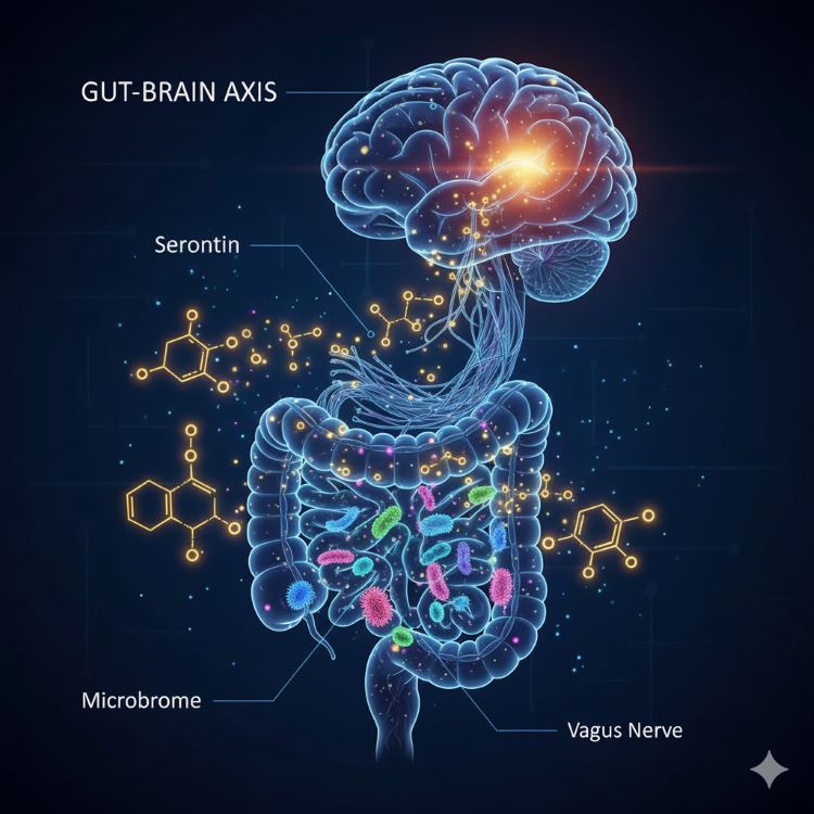 인간의 소화기관과 뇌가 신경섬유로 연결된 모습을 표현한 의학 일러스트. 장에서 빛나는 황금빛 세로토닌 분자들이 신경을 따라 뇌로 신호를 보내는 모습과 함께, 장내 미생물들이 형형색색으로 표현된 과학적이면서도 아름다운 장-뇌 연결축 인포그래픽