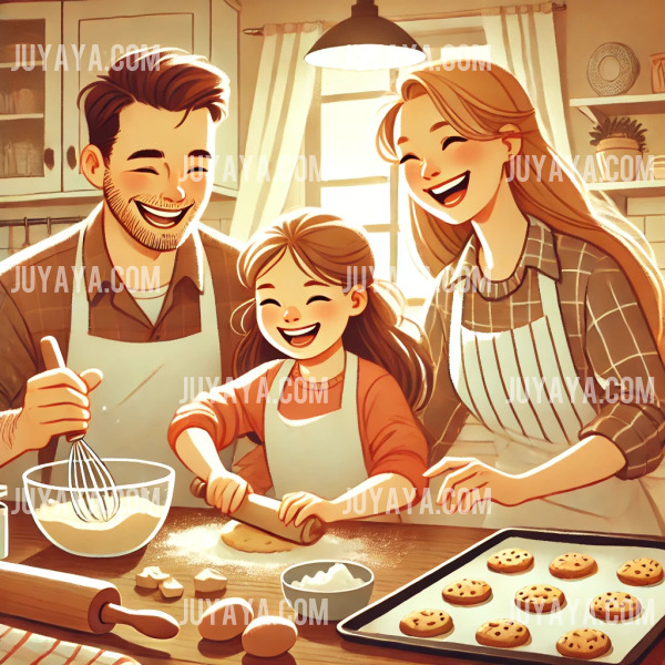 부모와 아이가 부엌에서 웃으며 쿠키 반죽을 만들고 있는 모습. 따뜻하고 아늑한 분위기의 주방.