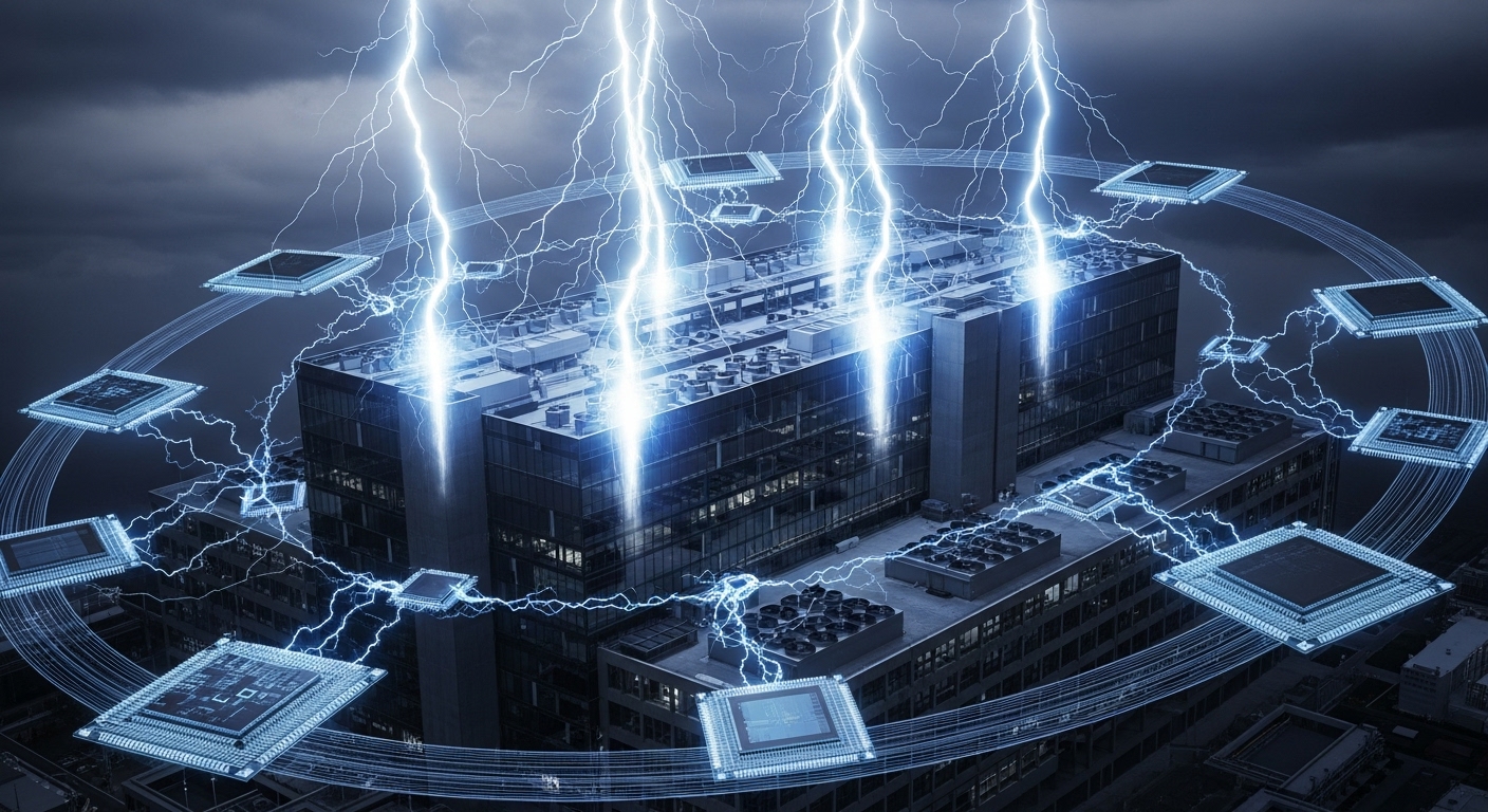 Electric energy bolts striking a massive data center building, with semiconductor chips orbiting around it.
