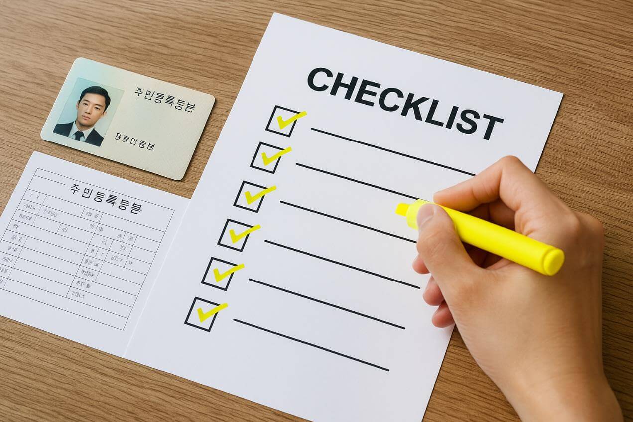 체크리스트에 형광펜 표시, 신분증&middot;등본 함께 놓인 장면