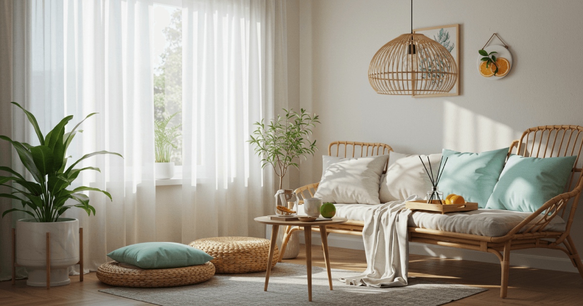 린넨 커튼과 라탄 소품으로 꾸민 밝은 여름 아파트 거실