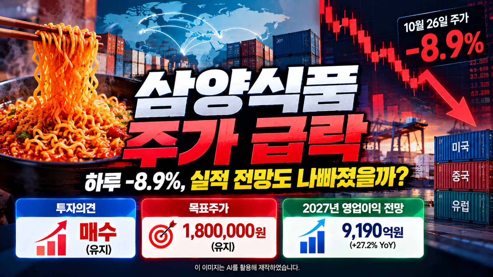 삼양식품(003230) 주가 급락 원인 분석, 2026년 10월 26일 주가 8.9% 하락, 한화투자증권 목표주가 180만 원 유지, 2027년 영업이익 9,190억 원 전망과 원화 강세 및 해외 라면 수출 영향