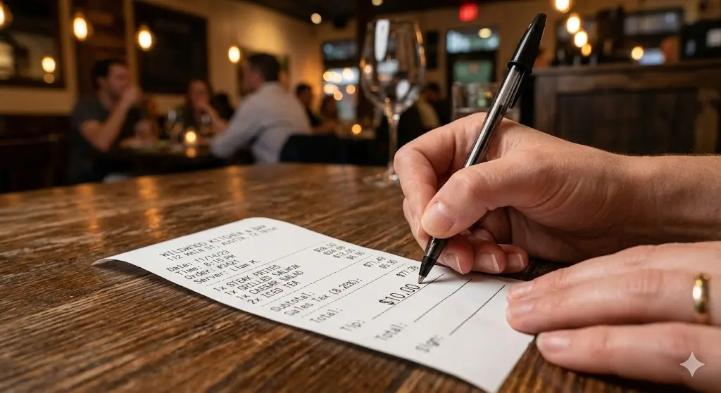 미국 레스토랑에서 펜을 들고 계산서 영수증 하단의 팁(Tip) 빈칸에 금액을 적고 있는 손의 클로즈업 모습