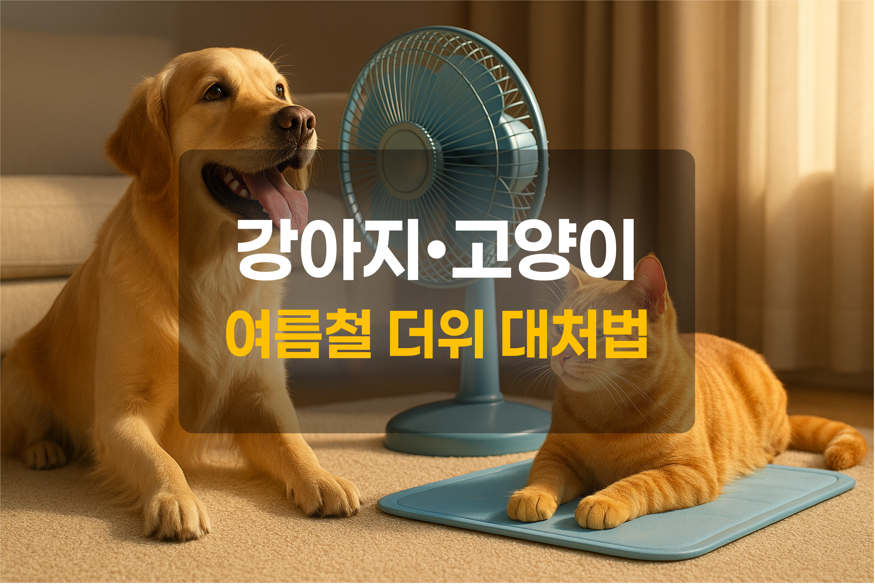 강아지, 고양이, 선풍기가 놓인 집안의 모습과 여름철 더위 대처법 텍스트를 포함한 그림