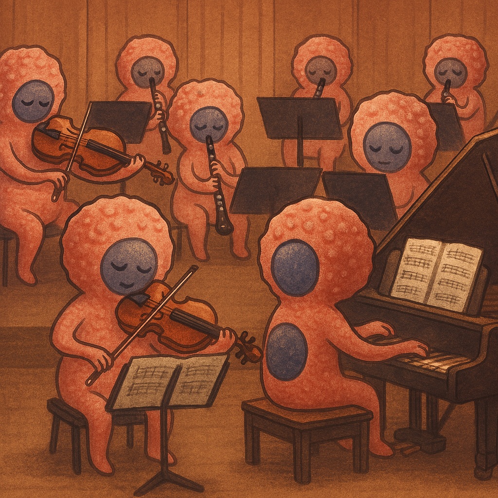 세포들이 오케스트라 단원처럼 각자 악기를 들고 연주하는 모습