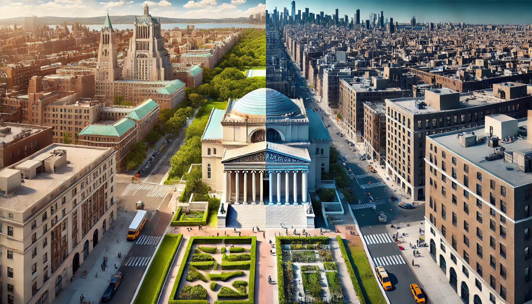 콜롬비아 대학의 고전적인 건물과 뉴욕대의 도시형 캠퍼스 모습