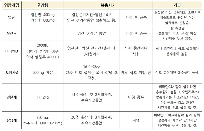 임산부영양제표