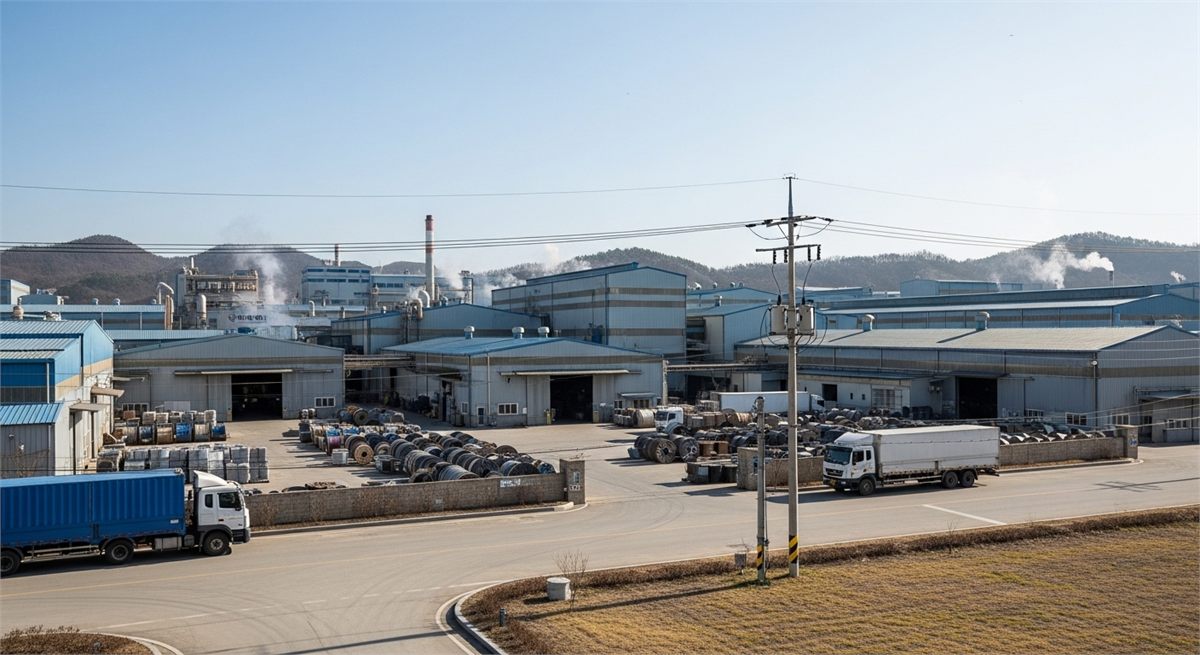 광케이블 제조 공장 외관을 넓게 담은 전경 