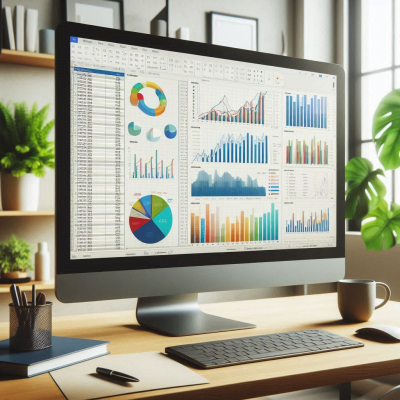 데이터 분석을 위한 여러 대의 모니터와 책상, 다양한 차트가 표시됨.