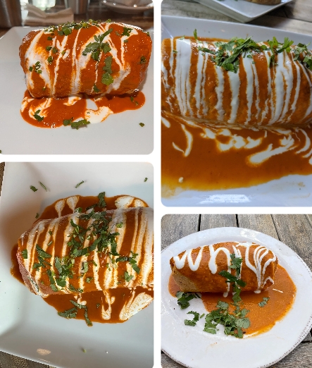 틀라케파케 레스토랑에서 제공되는 매콤한 소스와 고수가 어우러진 부리또 접시