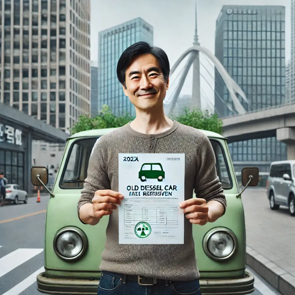노후 경유차 앞에서 폐차 지원 승인서를 들고 만족스럽게 웃는 동양인 중년 남성의 초고해상도 사진