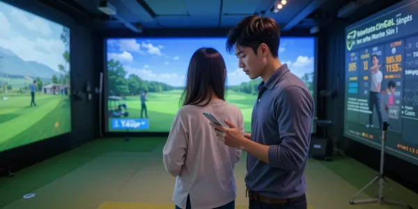 스크린골프 부스 앞에서 태블릿으로 가격을 비교하는 커플의 모습.