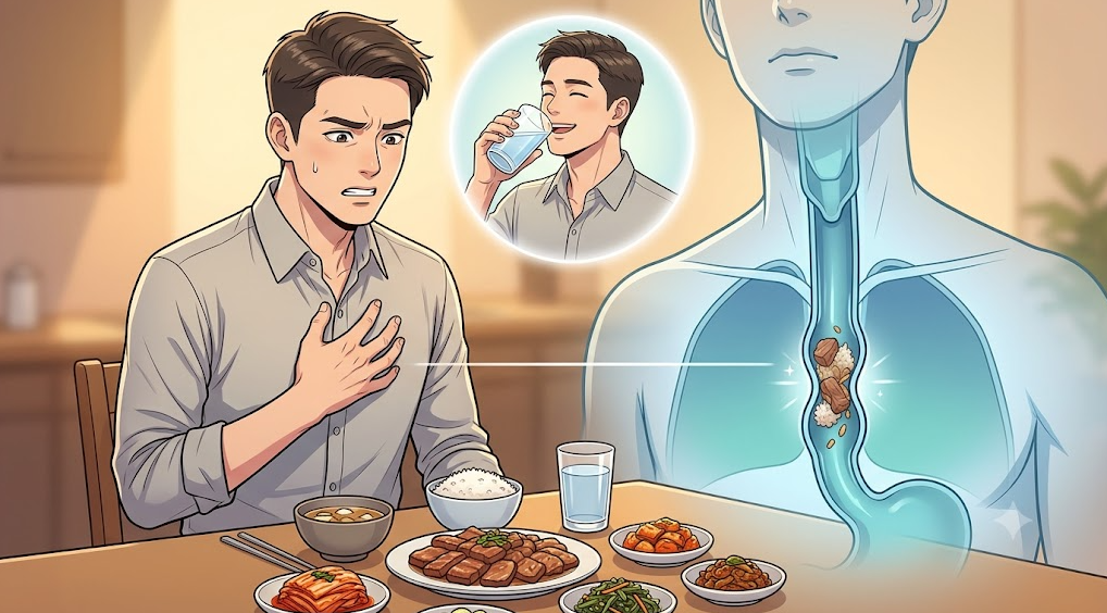 밥과 고기를 삼킨 후 식도 중간에서 걸림을 느끼는 고형식 연하곤란 메디컬 일러스트