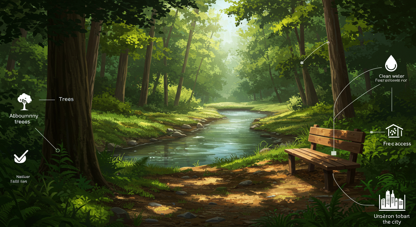 조용하고 자연친화적인 피서지 조건을 표현한 삽화