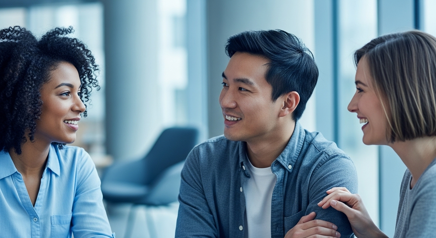 현대적인 공간에서 서로 대화하며 미소 짓는 여러 사람들의 모습. 건강한 관계와 상호 지지를 나타냅니다.