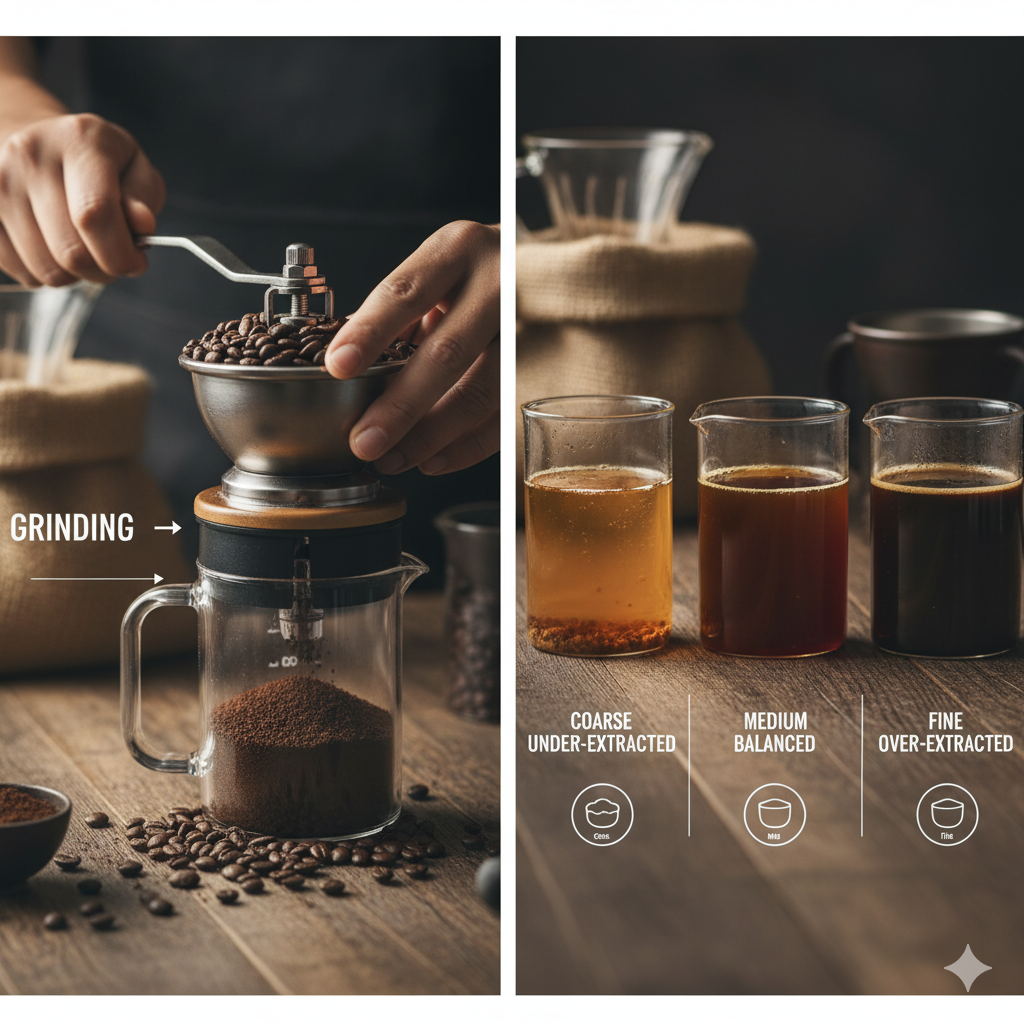 버 그라인더로 원두를 고르게 분쇄하는 과정과 입자 크기에 따른 커피 추출 차이 시각화 이미지(이미지 생성:google)